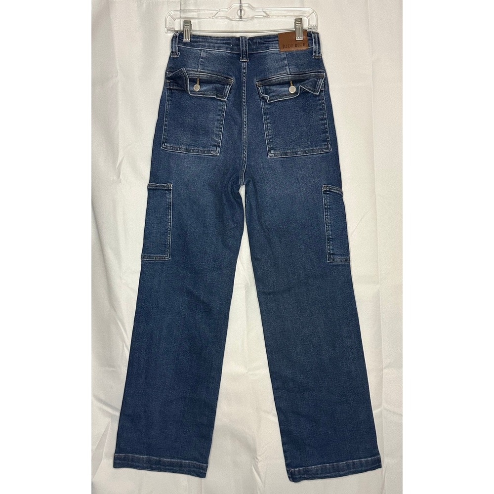 Judy Blue High Rise Cargo Jeans 7/28 Dark Wash Straight Leg Utility Y2K Stretch - Picture 2 of 7